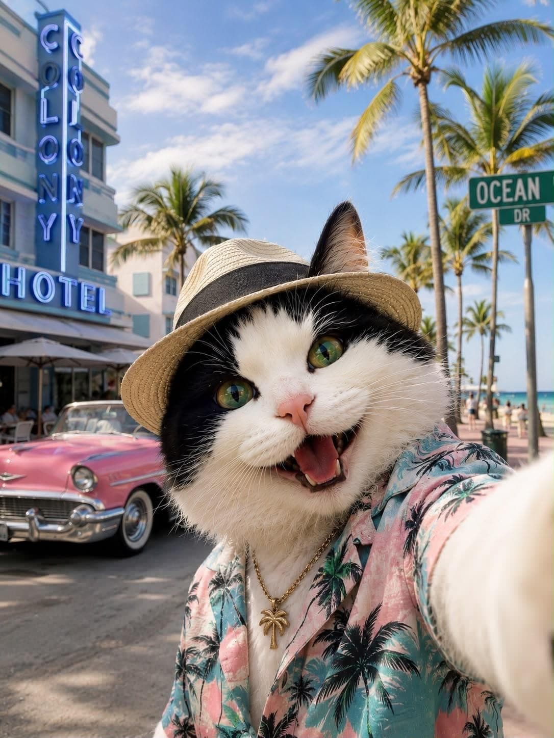 Un chat en chemise hawaïenne prend un selfie sur Ocean Drive